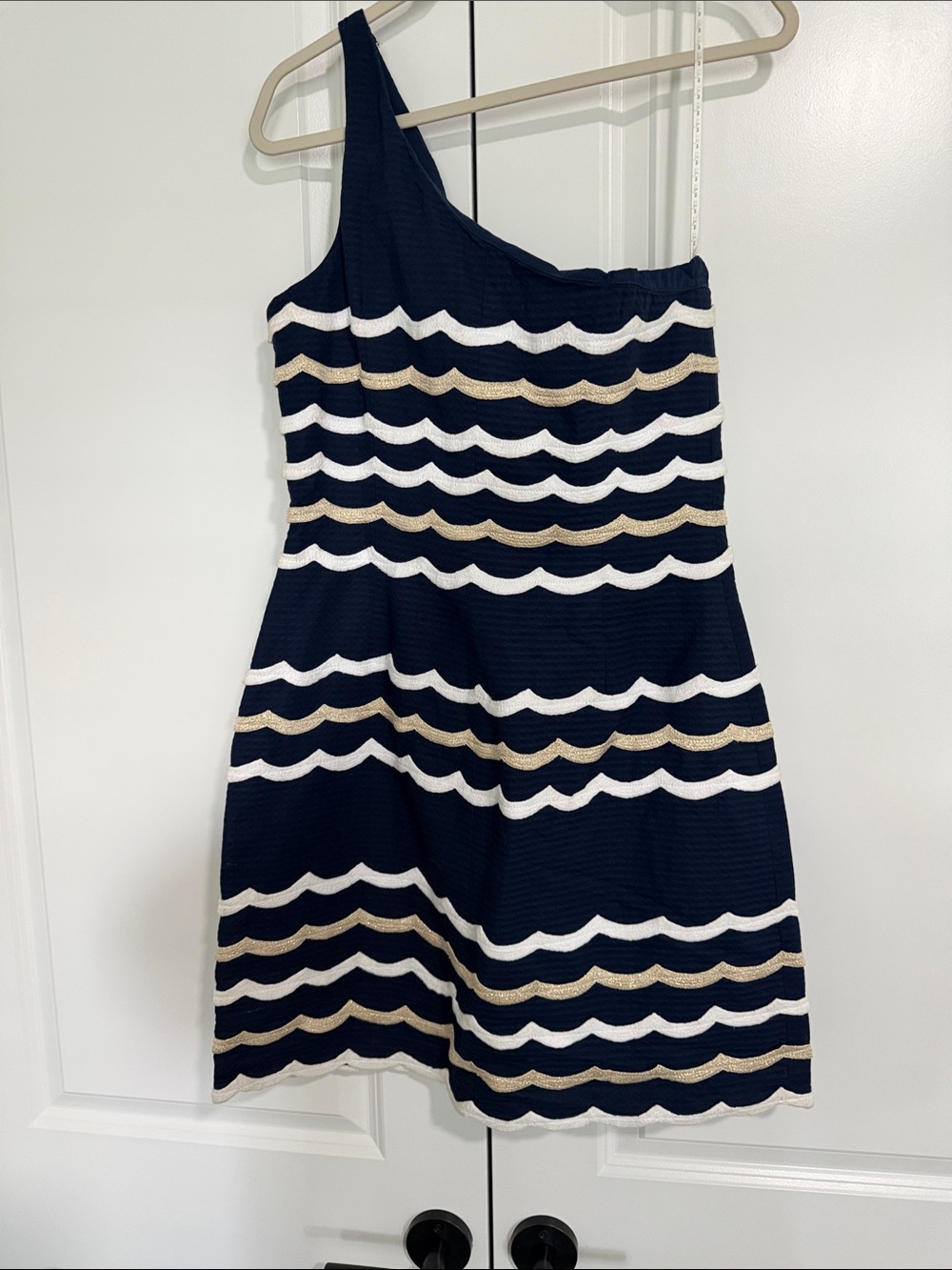 Lilly Pulitzer Navy, White & Gold One-Shoulder Wave Stripe Dress
